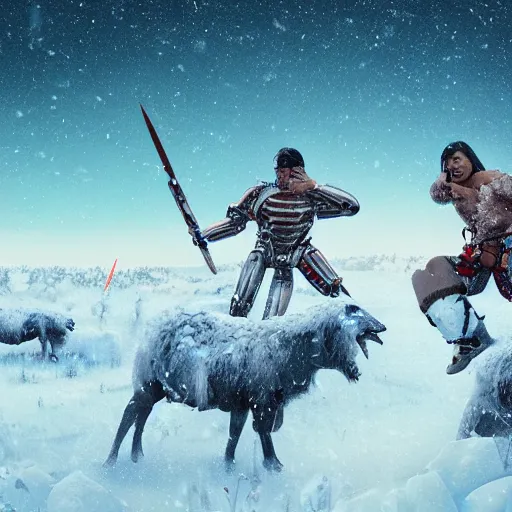 Image similar to majestic native americans fighting cyborg white men in a snowy field, art by beeple, styled like beeple, landscape, hyper realistic,