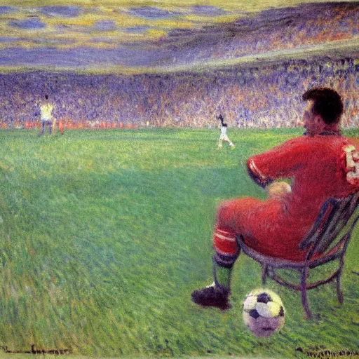 Image similar to monet painting of a man watching a soccer game, he is laughing deliriously, highly detailed, realistic,