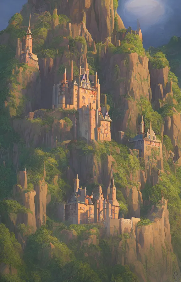 Image similar to magical castle school on a hill, dreamworks, textured, sharp focus, highly detailed, james gilleard, ralph mcquarrie, print, game art