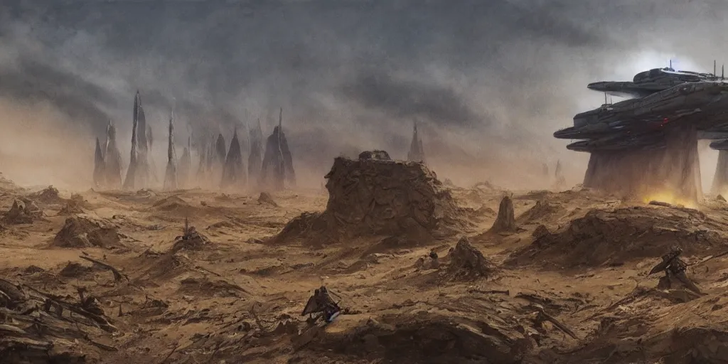 Image similar to world war 1 landscape in star wars, painted by john howe and greg rutkowski