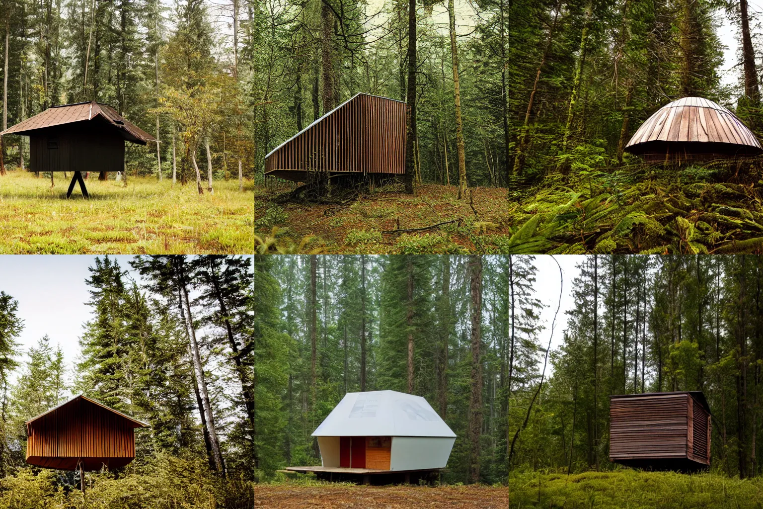 Prompt: hut floating in midair, hovering above the forest floor