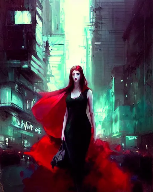 Prompt: Jeremy Mann art, artgerm, Mandy Jurgens art, cinematics lighting, beautiful Anna Kendrick supervillain, green dress with a black hood, angry, symmetrical face, Symmetrical eyes, full body, flying in the air over city, night time, red mood in background