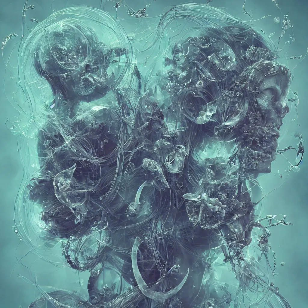 Image similar to close-up portrait goddess horned skull, x-ray, backbone, jellyfish phoenix head, nautilus, orchid, betta fish, bioluminiscent creatures, dark deep complex air bubbles in background, intricate artwork by Tooth Wu and wlop and beeple. octane render, trending on artstation, greg rutkowski very coherent symmetrical artwork. cinematic, high contrast, hyper realism, high detail, octane render, 8k