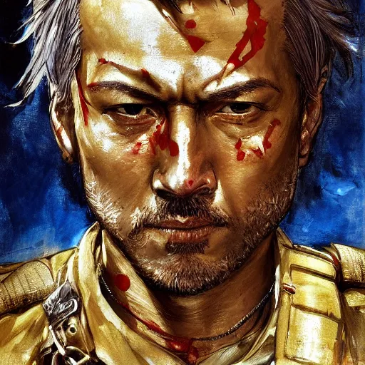 Prompt: portrait of a war hero holding his sword in front of his face by yoji shinkawa, high quality, extra details, realism, ornate, colored, golden chain, blood, white skin, short hair, brown eyes, vivid, sunlight, dynamic, american man, freedom, white american soldier, painting