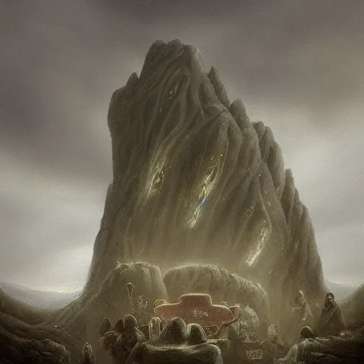 Image similar to A beautiful digital art of a coffin being carried by six men through an ethereal, otherworldly landscape. The coffin is adorned with a relief of a skull and crossbones, and the men are all wearing hooded cloaks. The landscape is eerie and foreboding, with jagged rocks and eerie, glowing plants. light by Marius Borgeaud, by Jennifer Rubell, by Piet Hein Eek Trending on artstation