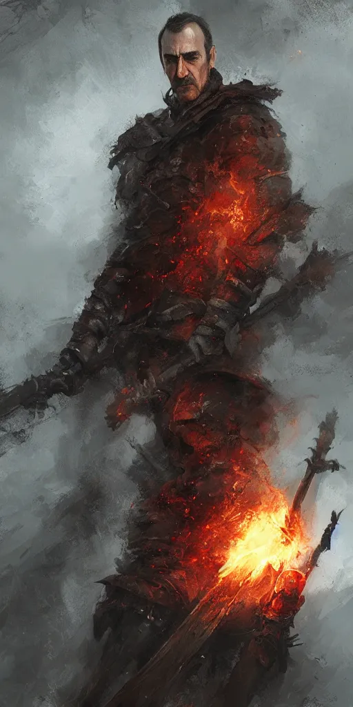 Image similar to stannis baratheon, artstation, jakub rozalski, flaming sword, high detail, dramatic lighting