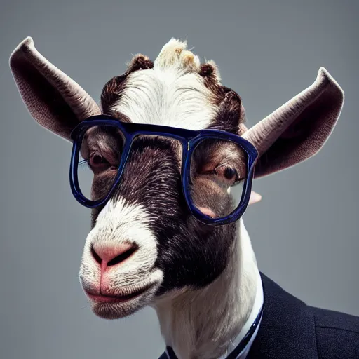 Prompt: front portrait of a smart goat in a suit and tie wearing round glasses hd, high resolution, annie leibovitz