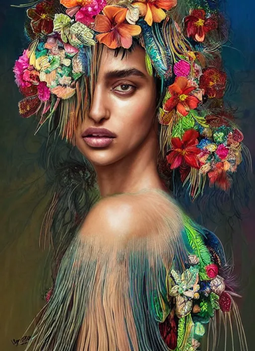 Image similar to beautiful portrait of Irina Shayk wearing dramatic Hand-dyed cotton dress,embellished beaded feather decorative fringe knots ,colorful pigtail,subtropical flowers and plants,symmetrical face,intricate,elegant,highly detailed,8k,digital painting,trending on pinterest,harper's bazaar,concept art, sharp focus, illustration, by artgerm,Tom Bagshaw,Lawrence Alma-Tadema,greg rutkowski,alphonse Mucha