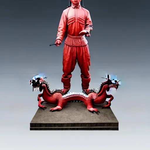 Image similar to museum van damm portrait statue monument made from chinese porcelain brush face hand painted with iron red dragons full - length very very detailed intricate symmetrical well proportioned