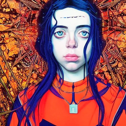 Image similar to closeup : beautiful breathtaking young billie eilish as the empress of the universe sits on stellar throne. illustration by james jean and satoshi kon and erik jones, inspired by evangelion, smooth feature, intricate oil painting, high detail illustration, sharp high detail