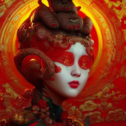 Prompt: the red alien lady, intricated traditional chinese textures, rococo decorations, hyper detail, unreal engine, octane render, by karol bak