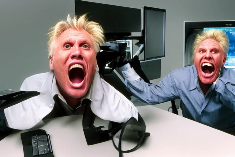 Image similar to gary busey screaming at a desktop computer in 1 9 9 9, ( sony a 7 r iv, symmetric balance, polarizing filter, photolab, lightroom, 4 k, dolby vision, photography awardm, voque, perfect face )