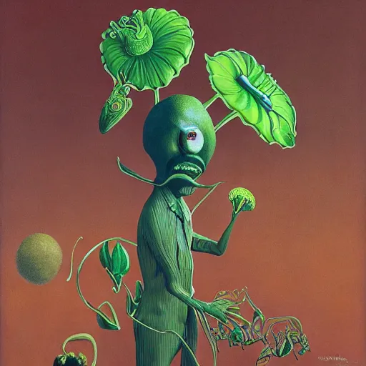 Prompt: Portrait of a Venus Flytrap Guy Venus Flytrap disguised as a human standing atop a red clay pot salvador dali octavio ocampo jacek yerka winslow homer norman rockwell inio asano prismacolor tombow quill