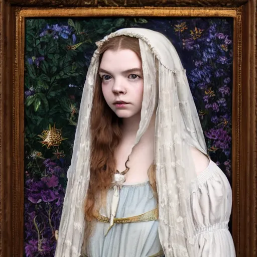 Prompt: a stunning pre - raphaelite portrait of anya taylor - joy as the capricious queen of elfland, aesthetic masterpiece, oil on canvas