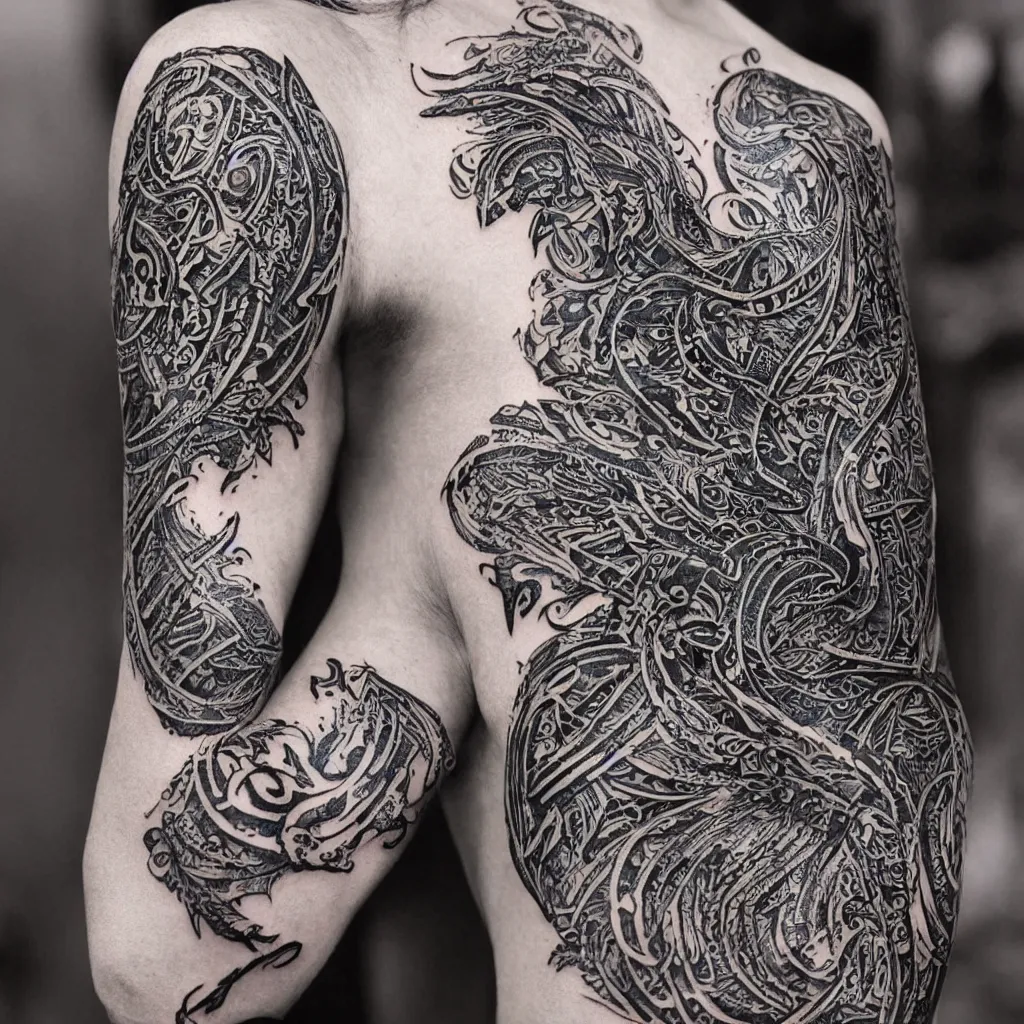 Prompt: photograph of a sleeve tattoo, black ink, intricate celtic pattern in the shape of a raven, highly - detailed, beautiful, award winning, 8 k,