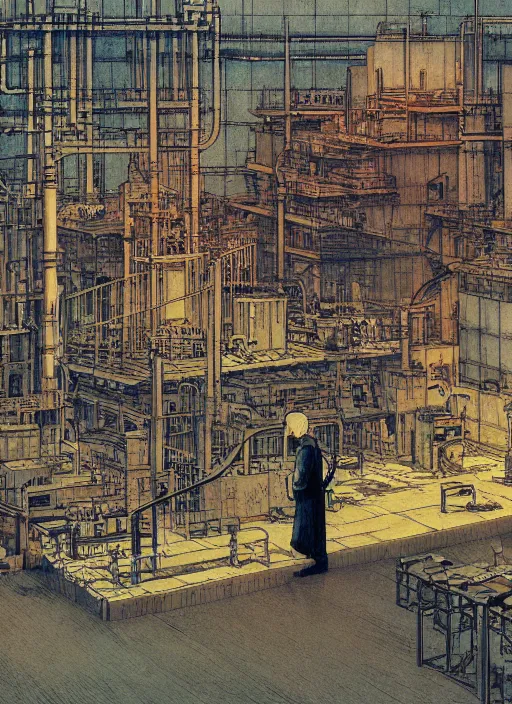 Image similar to illustration of a 2 0 8 0 desolate industrial factory nuclear scene by shaun tan, clean, emptyness, torn paper decollage, graphic novel, oil on canvas by edward hopper, ( by mattias adolfsson ), by moebius