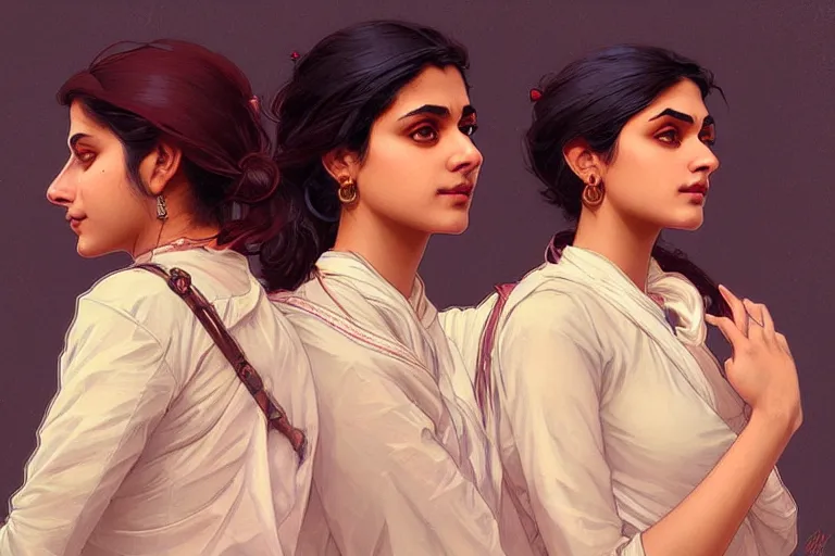 Image similar to Anxious good looking pale young Indian doctors talking, portrait, elegant, intricate, digital painting, artstation, concept art, smooth, sharp focus, illustration, art by artgerm and greg rutkowski and alphonse mucha