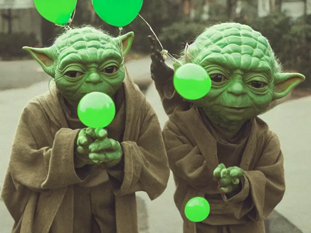 Image similar to a photo of yoda holding a green balloon in the tokyo suburbs by wes anderson, highly detailed, trending on artstation