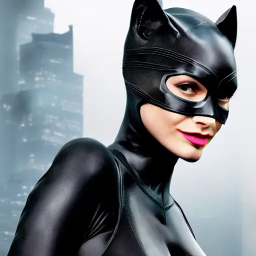Prompt: real-life Catwoman, cinematic, Low angle, atmospheric fog and lighting, directed by Michael Bay, high detail, 8K, movie still