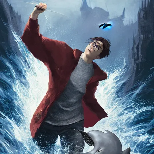 Image similar to Harry potter fighting a dolphin digital art in the style of Greg Rutkowski and Craig Mullins, 4k