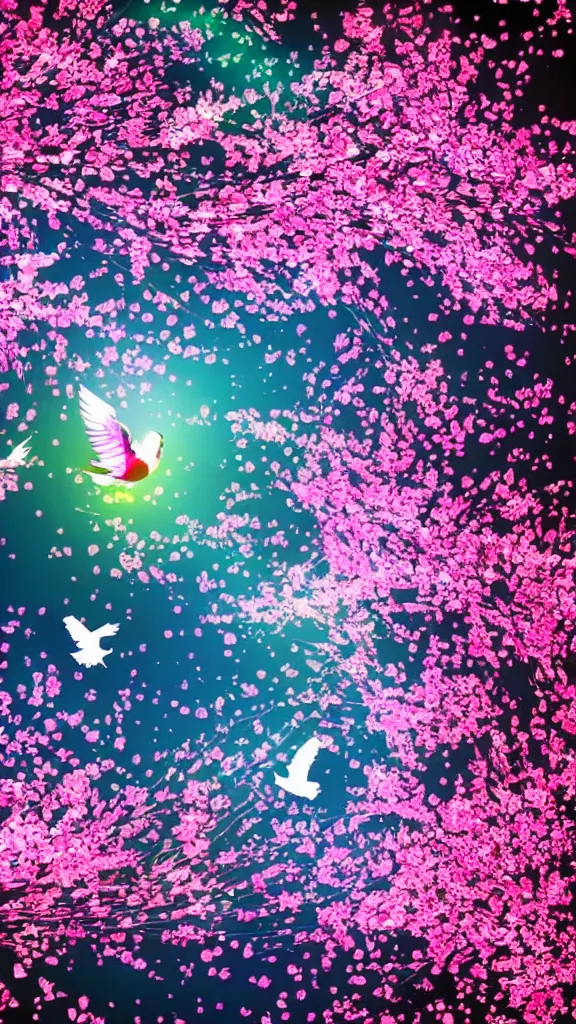 Image similar to holograph, pigeon flying among cherry blossoms, glitchpunk, neon