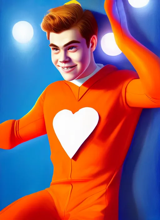 Image similar to friendly teenage archie andrews wearing an orange superhero costume with heart logo, heart, freckles, blue cape, heart emblem on chest, blue cape, intricate, elegant, glowing lights, highly detailed, digital painting, artstation, sharp focus, illustration, art by wlop, mars ravelo and greg rutkowski