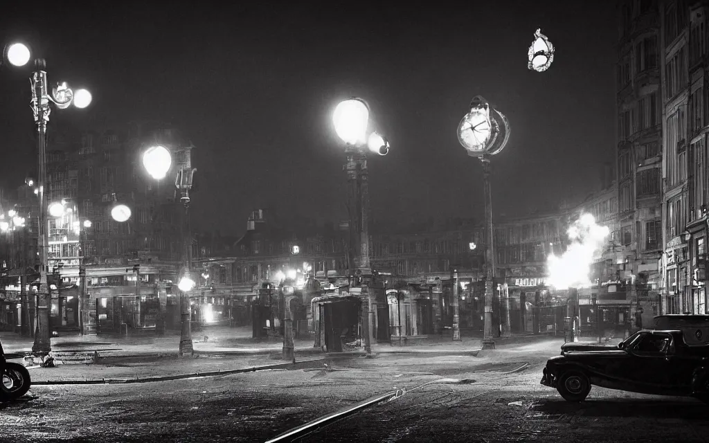 Image similar to One man in a trenchcoat shooting at a lovecraftian shadow monster with a ruby pistol in an early 20th century parisian street at night. Two cars are drifting around the monster with their lights on. Paris' Gare du Nord train station is visible in the background. 4k, dynamic, pulp, studio lighting, cinematic composition, HDR, very low angle shot, (fish eye).