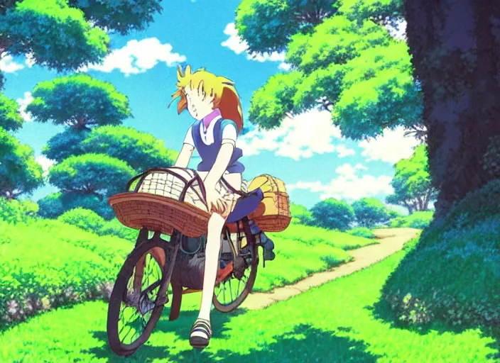 Prompt: anime fine details portrait of joyful girl ride nike in picture in nature, trees, green meadows, bokeh. anime masterpiece by Studio Ghibli. 8k, sharp high quality classic anime from 1990 in style of Hayao Miyazaki