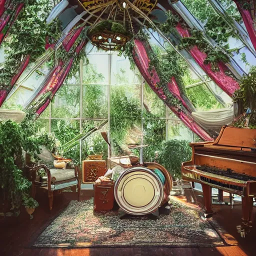 Image similar to a musical-themed bedroom in a victorian greenhouse treehouse. Pianos and instruments are in the bedroom. The bedroom is built in a giant oak tree, ornate, beautiful, atmosphere, vibe, flowers, concept art illustration, Greg rutowski, volumetric lighting, detailed