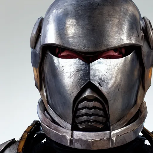 Image similar to photo of rowan atkinson in mandelorian armor helmet off, high res, realistic, high detail