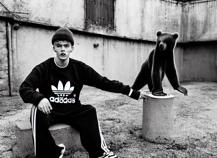Prompt: 2 0 years old gopnik in adidas costume drinks vodka with a bear, soviet yard, symmetrical, cinematic, real photography