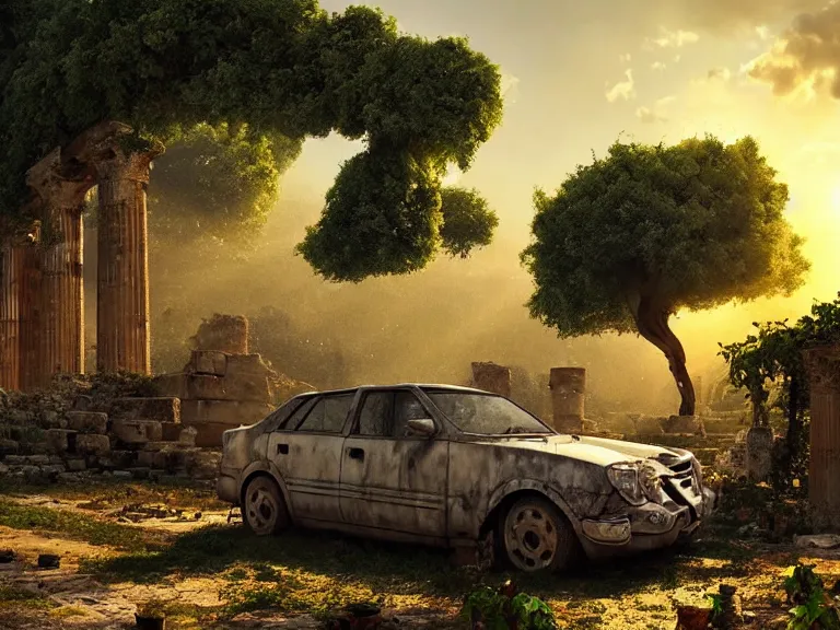 Image similar to a tree growing on a scrap car in ancient greek ruins, gray wasteland, many overgrown scrap cars, pillars and arches, colorful flowers, vines, cinematic, ray of golden sunlight, alphonse mucha, greg rutkowski, trending on artstation, artgerm, breathtaking, smooth, mark arian, award winning