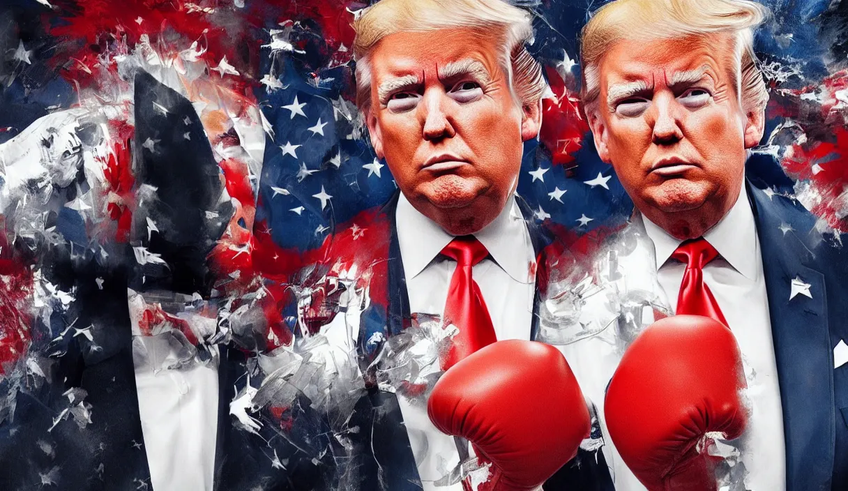 Prompt: a beautiful painting of donald trump and joe biden in a boxing match, cinematic angle, studio lighting, movie concept, trending on artstation, octane render, 8 k, ultra high detail