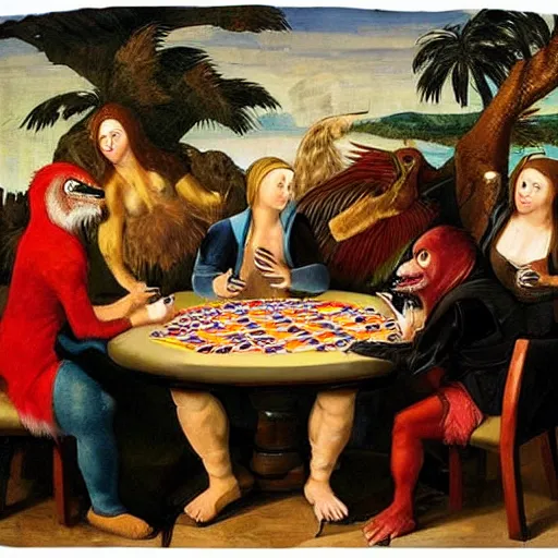 Image similar to velociraptors playing poker and drinking beer, in the style of a renaissance painting