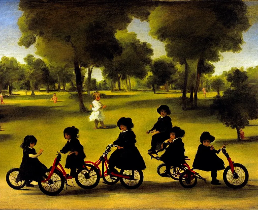 Prompt: children riding tricycles in the park, in the style of francisco goya's black paintings