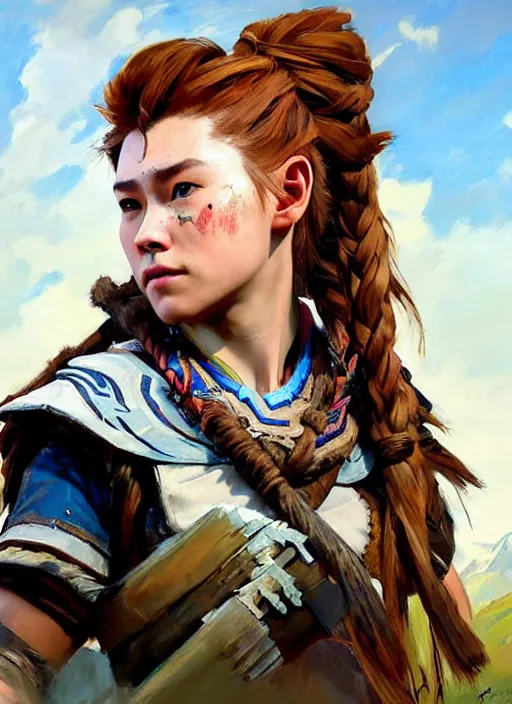 Image similar to portrait of Aloy from Horizon Zero Dawn in the style of League of Legends practicing, countryside, calm, fantasy character portrait, dynamic pose, above view, sunny day, thunder clouds in the sky, artwork by Jeremy Lipkin and Giuseppe Dangelico Pino and Michael Garmash and Rob Rey and Jean Giraud, very coherent asymmetrical artwork, sharp edges, perfect face, simple form, 100mm