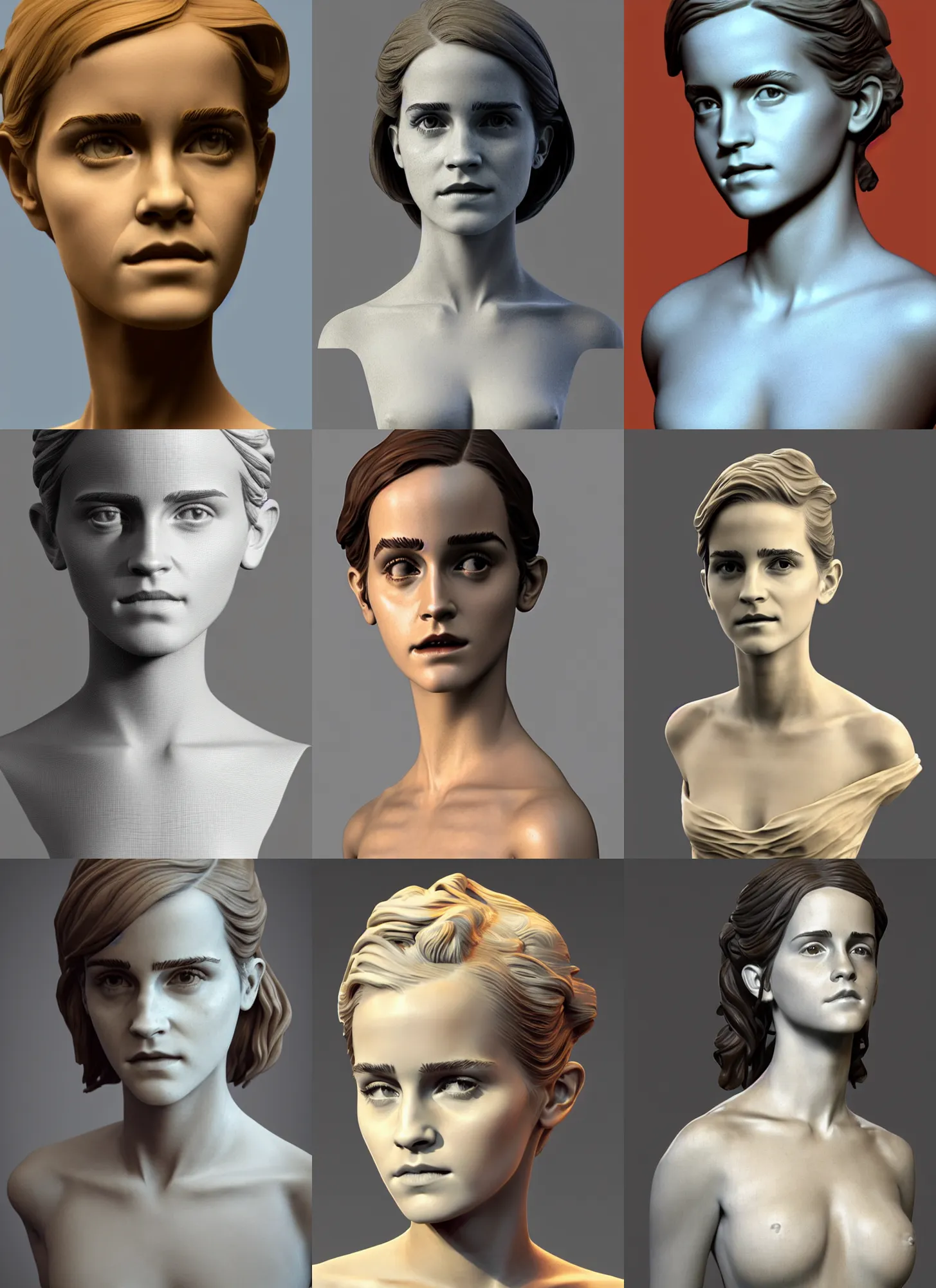 Prompt: 3D print resin sculpture of Emma Watson by Jean-Baptiste Carpeaux and Luo Li Rong and Antonio Corradini, beautiful body, perfect symmetrical face, colorful, full length shot, elegant, academic art, realistic, 8K, Product Introduction Photo, Hyperrealism. Subsurface scattering, raytracing, soft light, Octane Render, Redshift, Zbrush, simple background