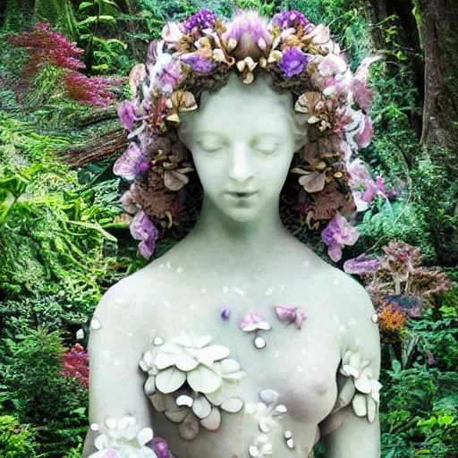 Image similar to an idealistic fully dressed marble statue with fractal flowery hair in a fractal garden, glowing delicate flower and mushrooms that grow in a dark fatansy forest on the planet pandora,, symmetrical,