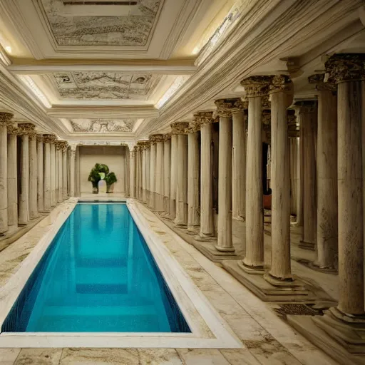 Prompt: Interior of a pool with white marble walls, renaissance statutes and a several palm trees, vaporware atmosphere, liminal vibes