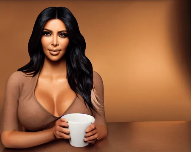 Prompt: Kim Kardashian bathing in a giant cup of coffee, highly detailed, cinematic, award winning, studio lighting