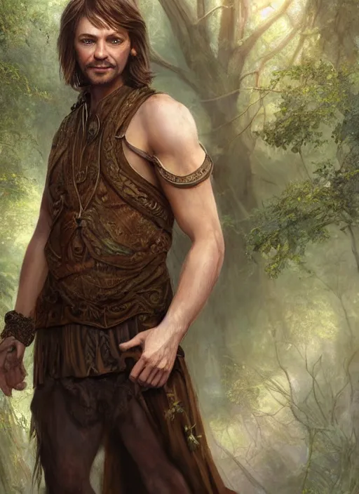 Image similar to a relaxed male middle aged druid in a sleeveless west, brown short hair, strong, full body, 8 k, hyperrealistic, hyperdetailed, fantasy portrait by laura sava