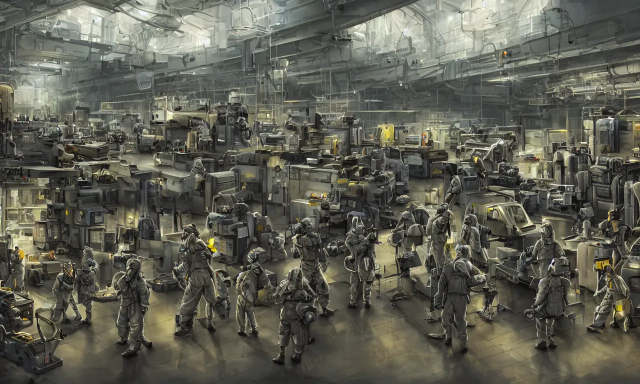 Image similar to epic scenic shot, highly detailed weapons laboratory, clean and organized, quantum technology, bright lights, warehouse, with a couple anthropomorphic furry researchers in military uniforms and hazmat suits, carrying guns, firing range, tables, parts, gun scraps, windows, sci fi, Extremely detailed digital art, furry art, furaffinity, DeviantArt, HD artstation