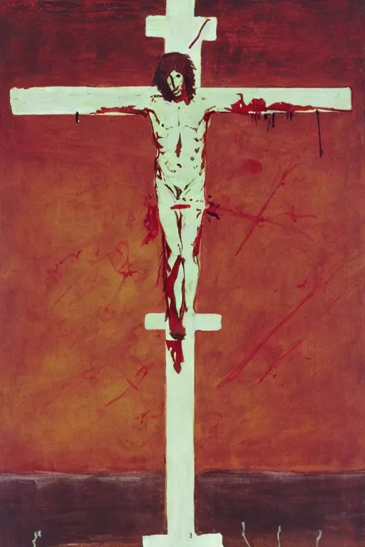 Image similar to bloody christ crucified and a huge ufo in the sky painted by cy twombly and andy warhol