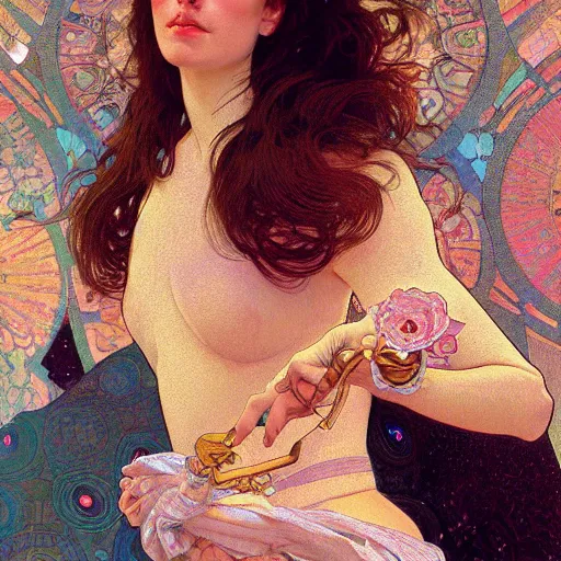 Image similar to modern woman | hyperrealistic | action pose | digital painting | trending on artstation | pinup portrait | clean | illustration | dressed | Unreal Engine 5 | 8k resolution | by Greg Rutkowski Alphonse Mucha Gustav Klimt and Mel Ramos