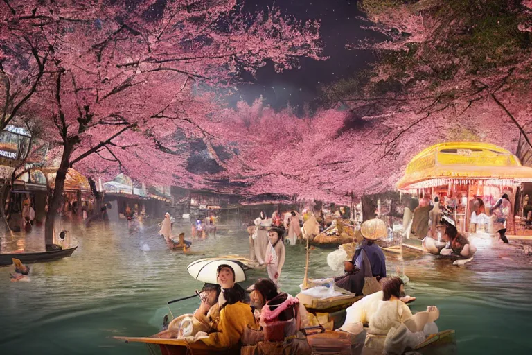 Image similar to floating markets of times square river in kyoto kamo river during sakura season on thermal waters flowing down white travertine terraces during interstellar aurora borealis, gold waterfalls, vendors, festivals, fun, by peter mohrbacher, james jean, james gilleard, greg rutkowski, vincent di fate, rule of thirds, octane render, beautiful landscape