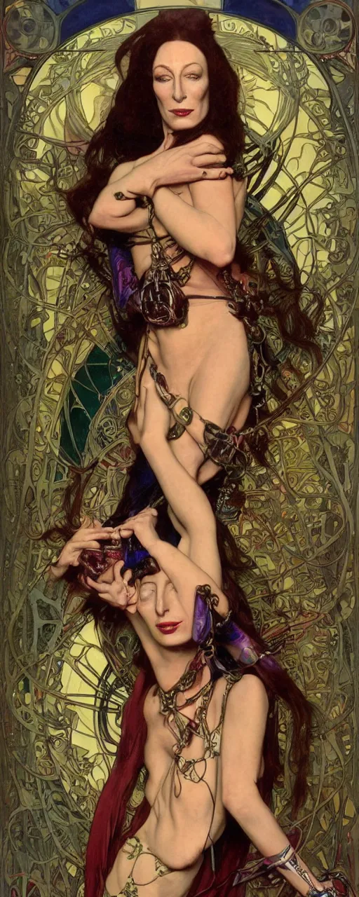 Image similar to striking sensual colorful art nouveau style portrait of anjelica huston as an industrial leatherpunk rebel commander by glenn fabry, simon bisley and alphonse mucha, photorealism, extremely hyperdetailed, perfect symmetrical facial features, perfect anatomy, ornate declotage, spikes, latex, excited expression, wild eyes