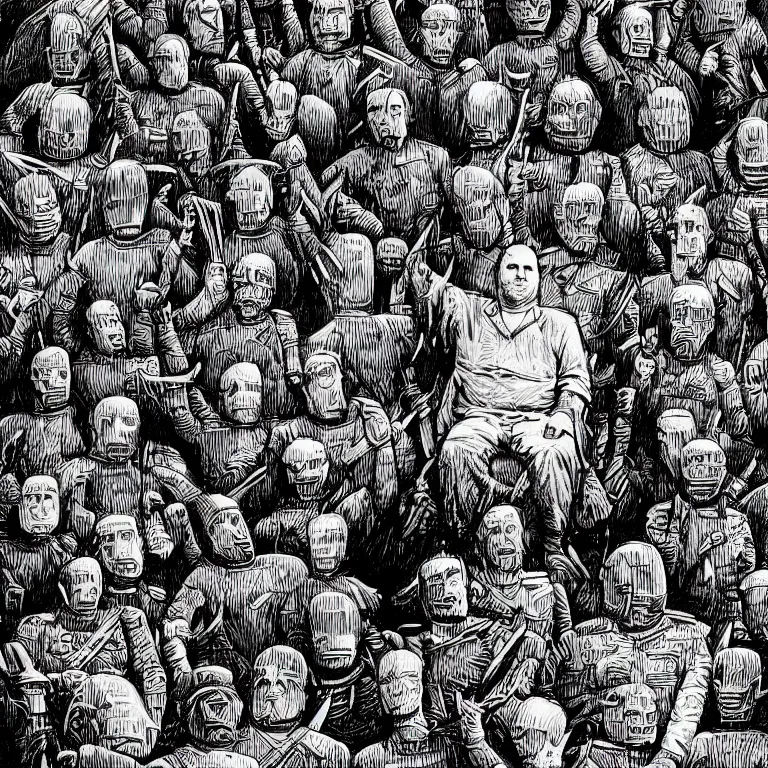 Image similar to rich evans sitting on a throne surrounded by lots of saluting soldiers by wayne barlow, stanley donwood, anton semenov, zdzislaw bekinski, 8 k, fantasy, dark