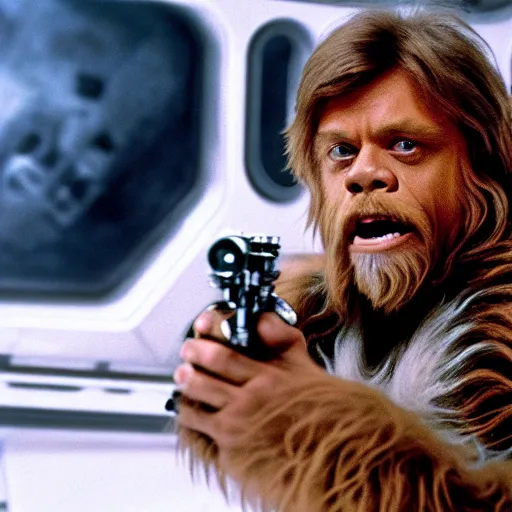 Image similar to a still of mark hamill as han solo, with chewbacca, in return of the jedi, 8 k