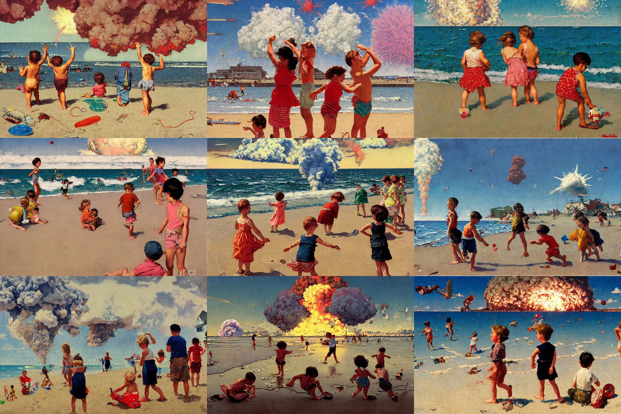 Prompt: kids playing at the beach, huge atomlc explosion in the background, wide angle lens, detailed, by norman rockwell, by brian frost, by victo ngai, oil on canvas,