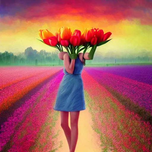 Image similar to large tulip as a head, girl standing in a flower field, surreal photography, sunrise dramatic light, impressionist painting, colorful clouds, digital painting, artstation, simon stalenhag